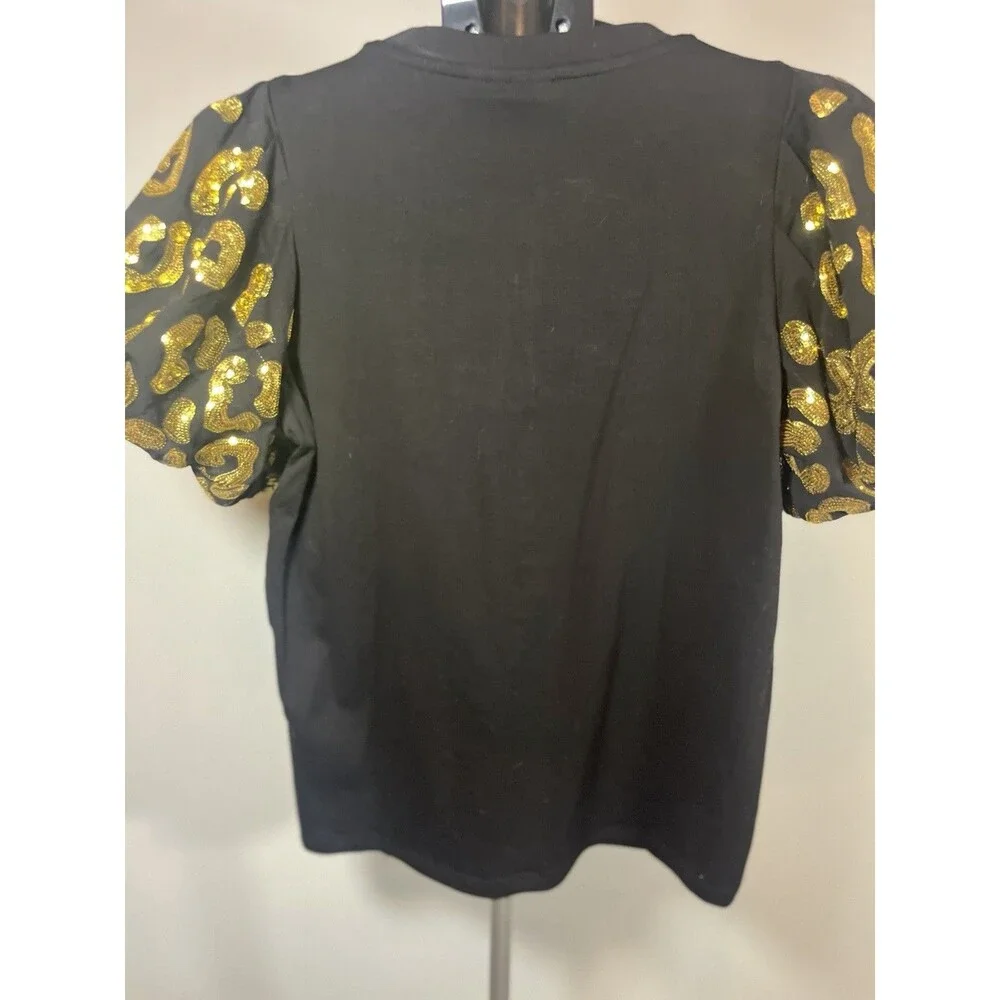Sash Clothing Bar Saints Sequin Fleur De Lis Top XS Black Gold Puff Sleeve